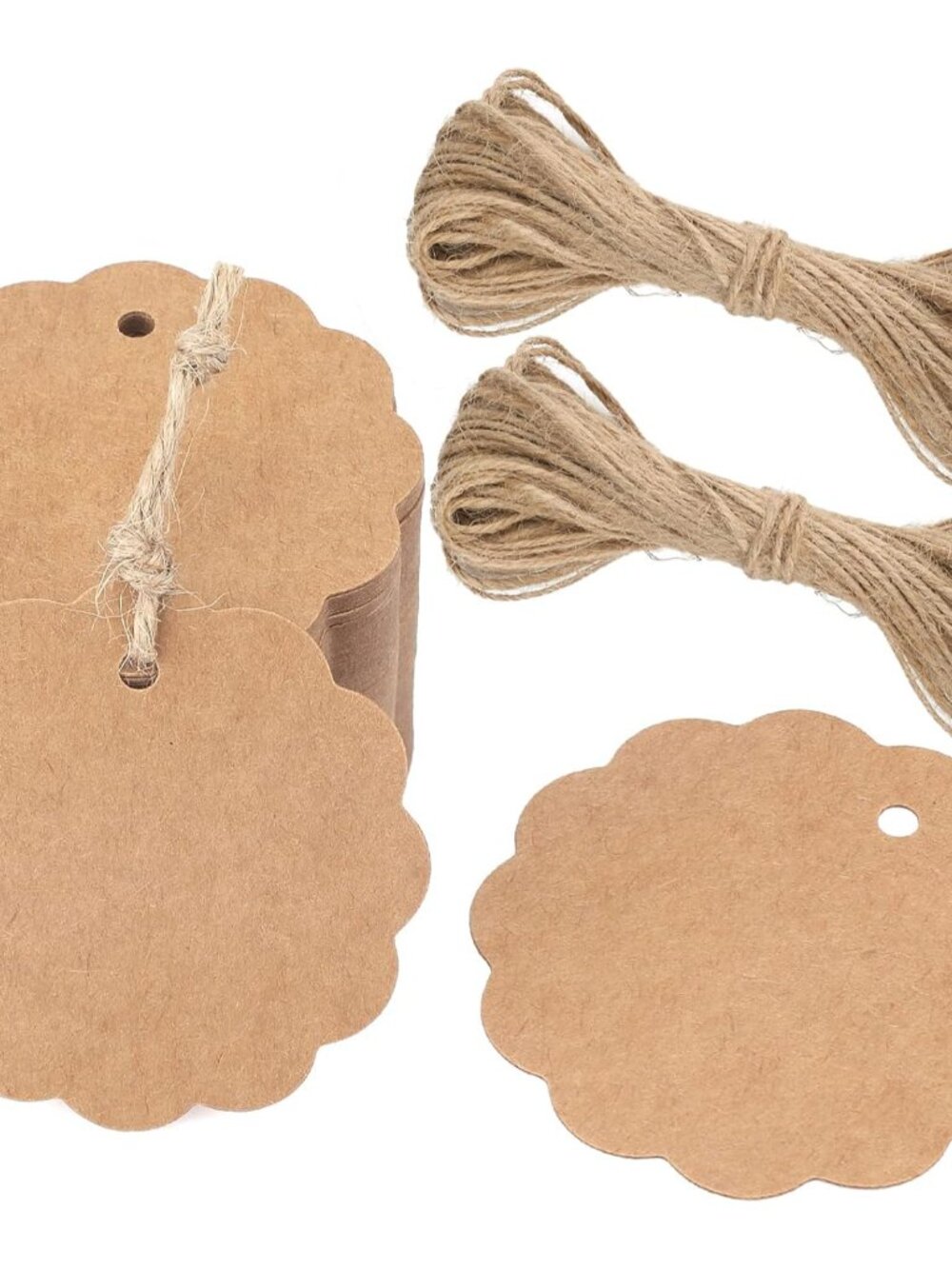100PCS Brown Craft Scalloped Paper Gift Tags with String, 2.4Inch Blank Round Pa